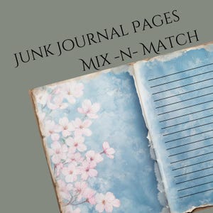 Página de diário de sucata de flor de cerejeira azul, papel digital Sakura rosa claro, diário de meditação Hanami, registro de álbum de recortes floral, #CHB