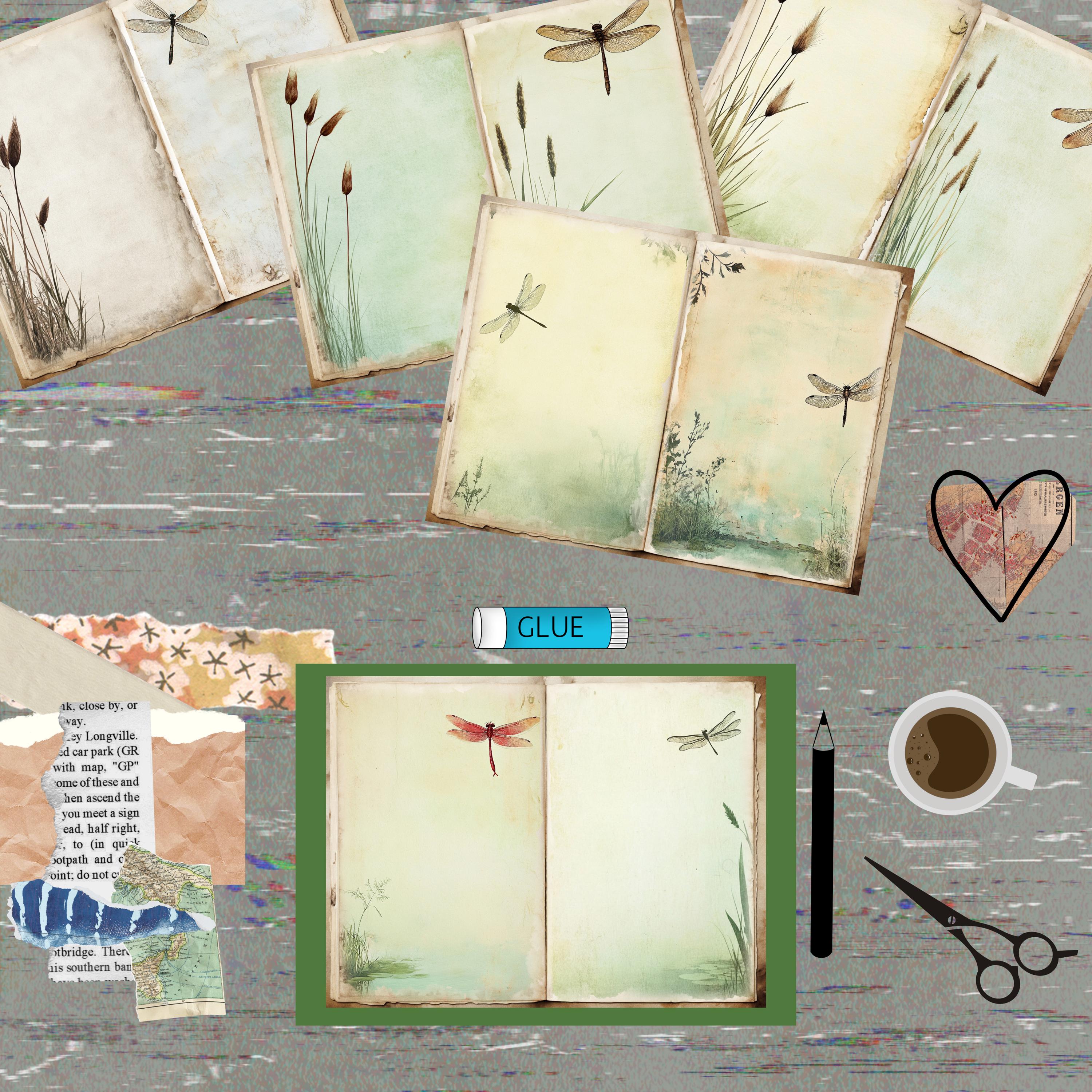 Dragonfly Junk Journal Pages: Blue Beige Cattail Design (digital ...