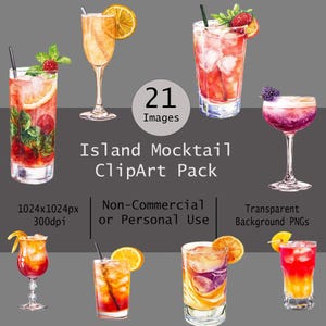 ClipArt di cocktail analcolici dell'isola, un arcobaleno di immagini con sfondo trasparente, grafica acquerellata, bevande colorate, bevande digitali ghiacciate