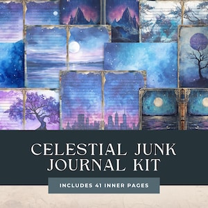 Kit diario spazzatura celeste blu e viola, pagina folio stampabile cosmica zaffiro e pervinca, effimeri digitali indaco e ametista, #luna
