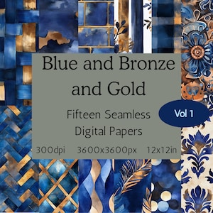 Blauw en brons digitaal papier, kobalt- en gouden origamipagina's, quiltvierkanten saffier, knutselvellen, benodigdheden voor scrapbooking, #blauw