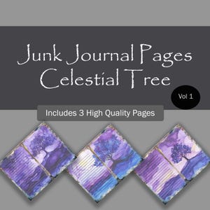 Pagine di diario spazzatura celeste blu e viola, carte digitali Cosmic Tree color lavanda e cobalto, album di ritagli del cielo notturno stellato, #luna