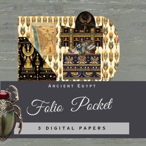 May include: A decorative folio pocket featuring Ancient Egyptian motifs, including an ankh symbol, a map of the Nile, and stylized bird patterns in black, gold, and cream. A metallic scarab beetle with a red stone is visible on the left side.