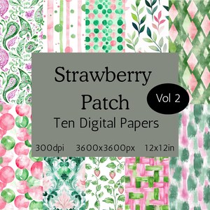 Pagine digitali di Strawberry Patch, carta per origami rossa, verde, rosa e bianca, fogli stampabili con motivi quadrati, texture acquerellate, #bacche