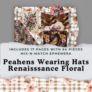 Pacote fólio de pavão com flores rosa, marrom, dourado, cinza e penas, chapéus renascentistas com bolsos de pavão, itens efêmeros de flores, meditação diária, #pavão