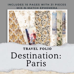 Diario de viaje de París, tríptico, tarjetas de información digital sobre atracciones, registro de álbum de recortes, diario de meditación de la iglesia, material efímero.