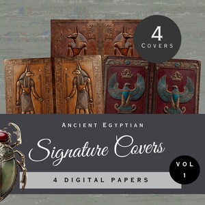 May include: Four digital book covers featuring Ancient Egyptian motifs. Two covers display a tan, embossed Anubis figure with hieroglyphs. Two covers feature a red, embossed winged falcon with a crown. Text includes 4 COVERS, ANCIENT EGYPTIAN Signature Covers, VOL 1, and 4 DIGITAL PAPERS.