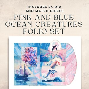 Paquete folio de criaturas marinas en rosa y azul, efímera digital de animales del océano, bolsillos náuticos imprimibles, sobre marítimo, set marino, #océano