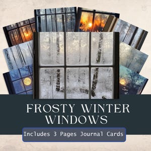 Karty dziennika Frosty Winter Window, cyfrowe efemerydy do druku, mroźny, czysty bokeh na wsi, strony do scrapbookingu, śnieżny widok lasu