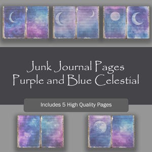 Blauwe en paarse Galaxy Junk Journal-pagina's, kobalt en violet sterrenhemel digitaal papier, universum-vellen, kosmische scrapbookingkit #moon