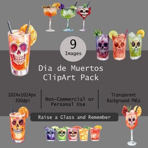 ClipArt mocktail del giorno dei morti, immagini di sfondo trasparente Día De Muertos, Ofrenda, Calavera, Catrina, teschi di zucchero