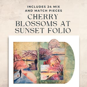 Folio de flores de cerejeira ao pôr do sol, efêmera digital de sakura noturna, diário de meditação para impressão de hanami matinal, caminhada na cerejeira Sunrise DC