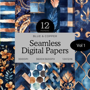 Blue and Copper Digital Paper: Origami & Quilt Scrapbooking Sheets (Digital Download, 12x12")