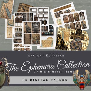 May include: A digital collection of Ancient Egyptian ephemera featuring 77 mix-and-match items and 14 digital papers. The set includes various printed sheets with illustrations of scarabs, cats, maps, and hieroglyphics, displayed on a dark background.