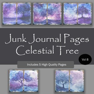 Blauwe en paarse Celestial Junk-dagboekpagina's, digitale papieren kosmische boom lavendel en kobalt, plakboek sterrennachthemel, #moon