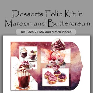 Pacchetto diario Junk Journal Maroon and Buttercream, kit di effimeri digitali per dessert, tasche stampabili per caffè, busta per frutta, #dessert