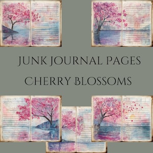 Páginas de diário de flores de cerejeira rosa, papéis digitais Blush Sakura, folhas de diário de meditação Hanami de rosas, registro de scrapbook floral, #chb