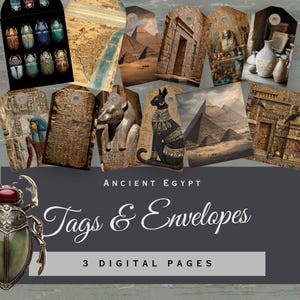 May include: A collection of digital tags and envelopes featuring Ancient Egypt themes, including images of scarab beetles, pyramids, hieroglyphics, and statues. The text reads ANCIENT EGYPT Tags & Envelopes 3 DIGITAL PAGES on a dark gray background.