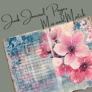 Página de diário de sucata de flor de cerejeira rosa e azul, papel digital Blush Sakura, diário de meditação Hanami, registro de álbum de recortes floral, #CHB