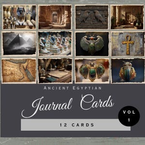 May include: A collection of 12 Ancient Egyptian Journal Cards featuring imagery of pyramids, scarab beetles, an ankh, hieroglyphic carvings, and historical maps. The set is labeled Ancient Egyptian Journal Cards Vol 1 and includes various scenes of statues and architecture.