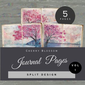 Pink Cherry Blossom Junk Journal Pages, 5 Floral Split Design Scrapbook Papers (Digital Download)