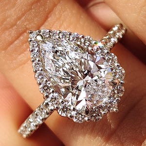 Pear Shaped Lab Grown Diamond Halo Engagement Ring in White Gold, Ethical Luxury Bridal Jewelry, Dainty Sustainable Wedding Ring