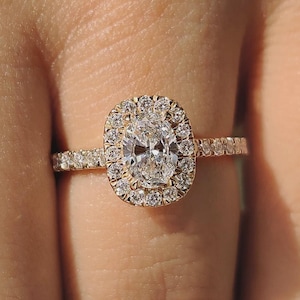 Lab Grown Oval Diamond Halo Engagement Ring: Pave Band, Cathedral Setting