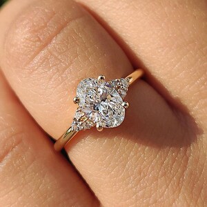 Oval Lab Grown Diamond Engagement Ring: Vintage Yellow Gold Side Stone