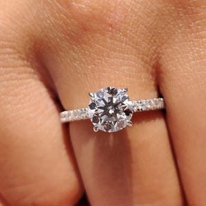 Customized Round Cut Lab Grown Diamond Hidden Halo Pave Band Engagement Ring, Luxury Wedding Jewelry, Unique Gift for Her, Proposal Ring