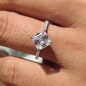 Art Deco Asscher Cut Lab Grown Diamond Engagement Ring: White Gold Hidden Halo