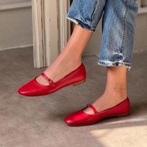 Red Leather Mary Jane Flats | Rounded Toe Ballets with Buckle Strap | Women’s Ballerina Shoes