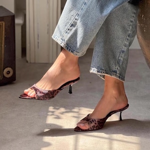 Leopard Satin Kitten Heel | Handmade Mule Sandal | Women&#39;s Slip On Heel | Trendy Low Heel | Leopar Print Heel | Mid Heel Mule | Women Pumps
