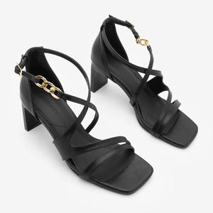 Black Leather High Heel Chain Strap Sandals | Block Heel Pumps | Blue Ankle Wrap  Sandals | Beige Square Toe Heels | Women Summer Sandals |