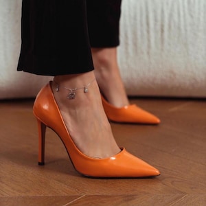 Orange Patent Leather Stilettos | Pointed Toe High Heel Pumps | Elegant Dress Shoes for Women