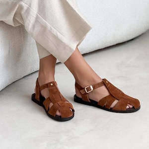 Camel Suede T-Strap Gladiator Sandals | Buckle Strap Flats | Women’s Summer Sandals
