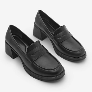 Black Leather Chunky Heel Loafers | Women’s High Heel Oxford Shoes