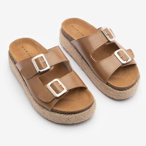 Brown Patent Leather Anatomical Platform Mules,Woven Raffia Cork Sole Sandals,Buckle Strap Slip On,Beige Women Sandals,Raffia Heeled Slides
