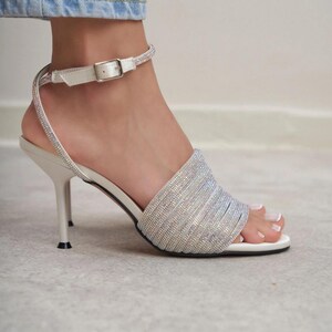 Pearl Satin High Heels with Rhinestone Strap | Ankle Strap Pumps | Heeled Sandals