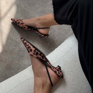 Leopard Print Satin Kitten Heel Slingback Flats | Women’s Pointed Toe Low Heel Sandals