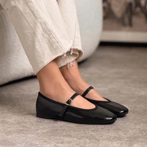 Black Leather Mary Jane Flats | Square Toe Ballets with Buckle Strap | Women’s Ballerina Shoes
