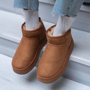 Tan Women’s Suede Fur Lined Ankle Boots | Warm Chunky Sole Booties | Cozy Short Snow Boots