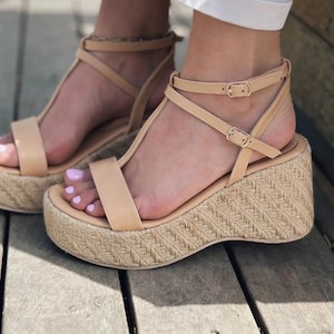 Espadrille Wedge Sandals: Leather Strap Straw Platform Heel