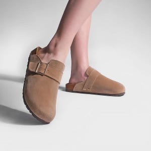 Beige Suede Leather Barefoot Mules,Women's Closed Toe Flat Clogs,Buckled Slip On Slippers,Taupe Comfy Summer Slides,Birkenstock Cork Sandals