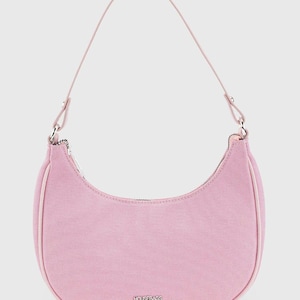 Halbmondförmige Handtasche & Schultertasche aus Canvas - Baguettetasche - YUKA - Elegante Minitasche- Reißverschlussfächer - Rosa / Braun Farboption
