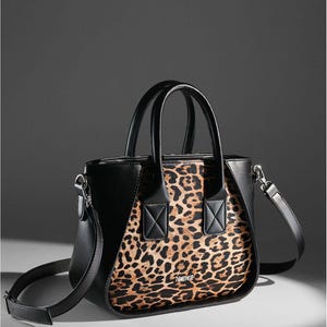 Leather Leopard Print Crossbody Bag and Handbag & Shoulder Bag – FIERRA - Adjustable Strap – Satin Lined Interior Tote Bag - Black/Brown