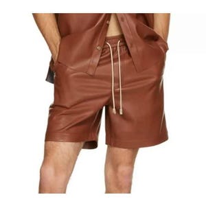 Men’s Elastic Waist Drawstring Lambskin Leather Bermuda Shorts – Black