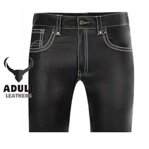 Men’s Black Leather Biker Pants – 501 Style Breeches, White Stitching