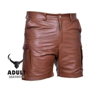 Men’s Brown Real Leather Cargo Shorts – Handmade Genuine Leather Utility Shorts | Stylish Biker Festival Streetwear for Men