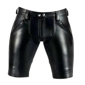 Men’s Real Leather Black Shorts – Clubwear with Front & Rear Zippers