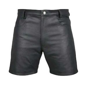 Men’s Cowhide Leather Shorts – Black Casual 5-Pocket Zipper Fly